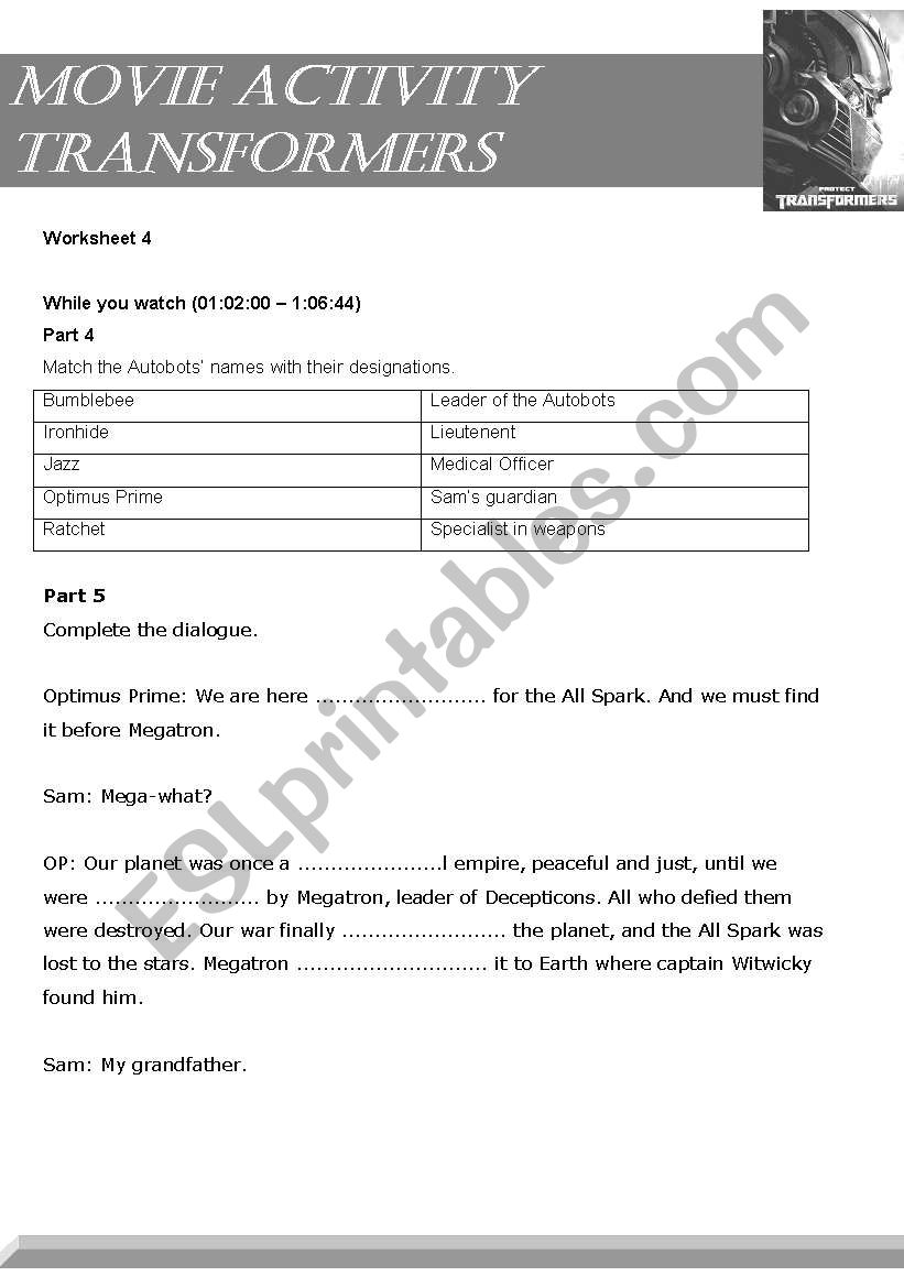 Transformers the movie worksheet