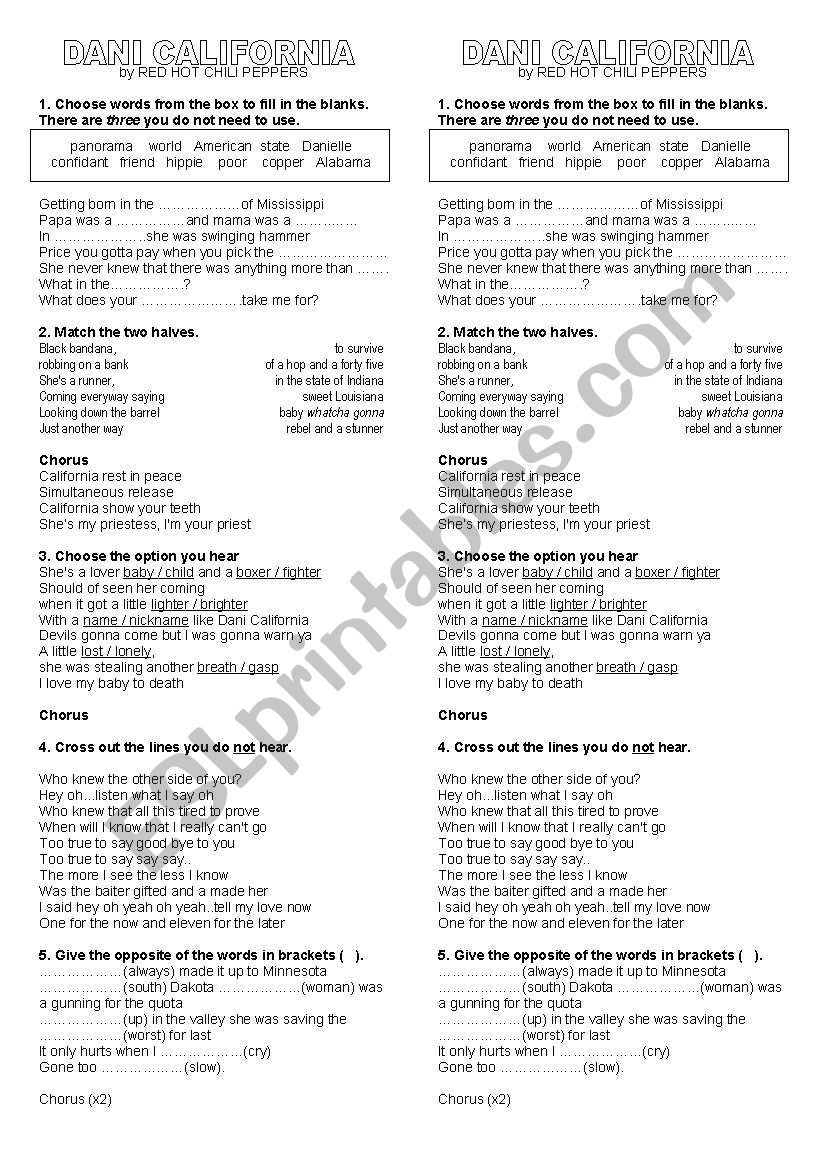 DANI CALIFORNIA worksheet