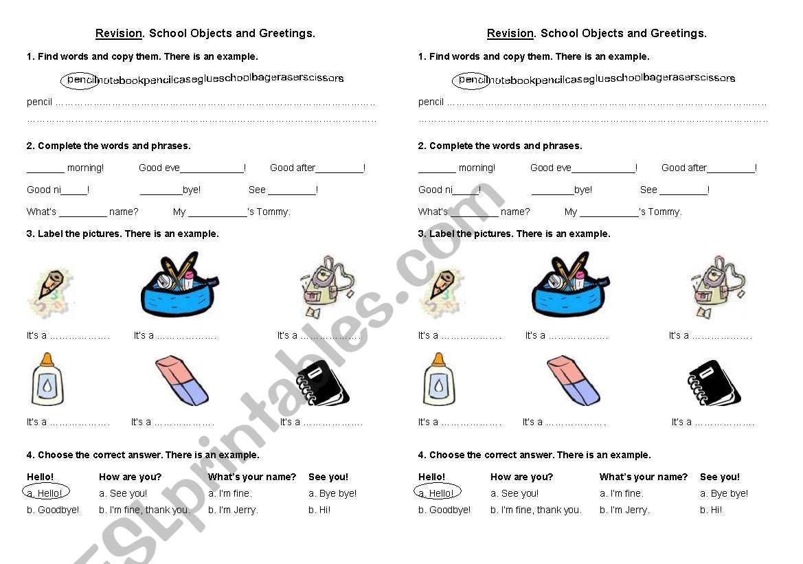 SCHOOL OBJECTS AND GREETINGS worksheet