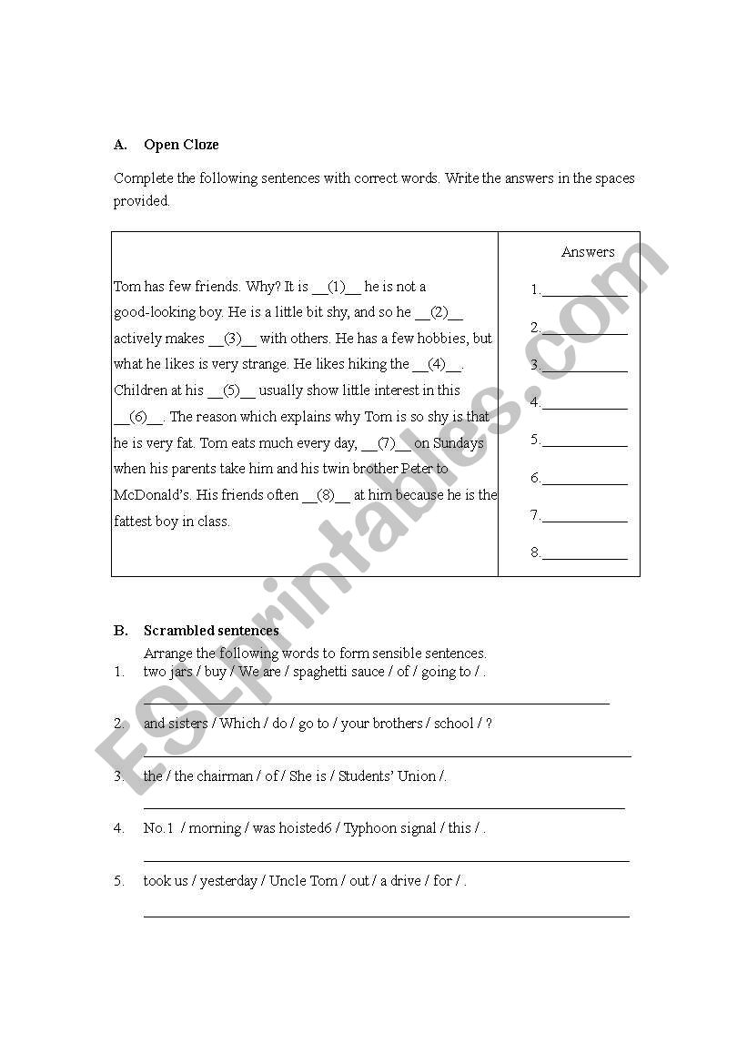 Words and sentences worksheet