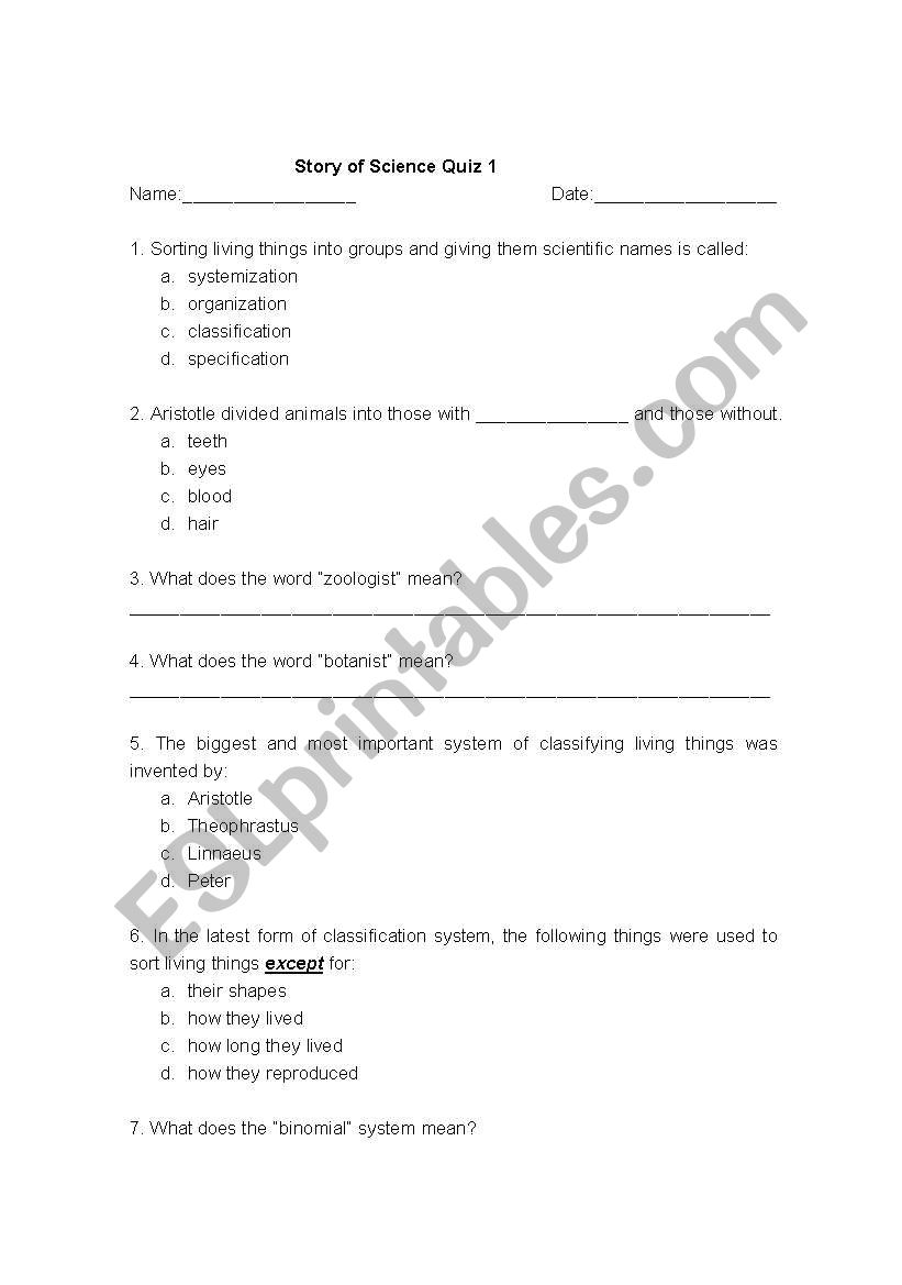 science quiz worksheet