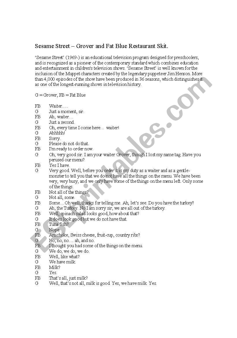 Transcript to Grover & Fat Blue Restaurant Skit