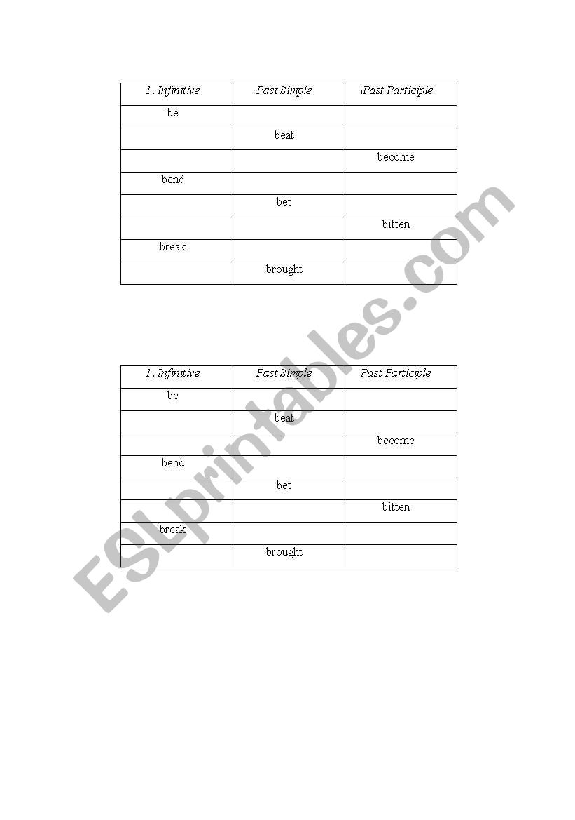 irregular verbs test worksheet