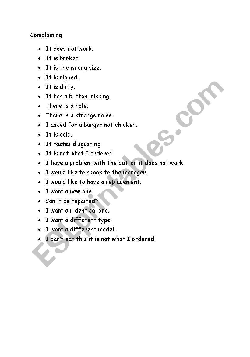 complaints  worksheet