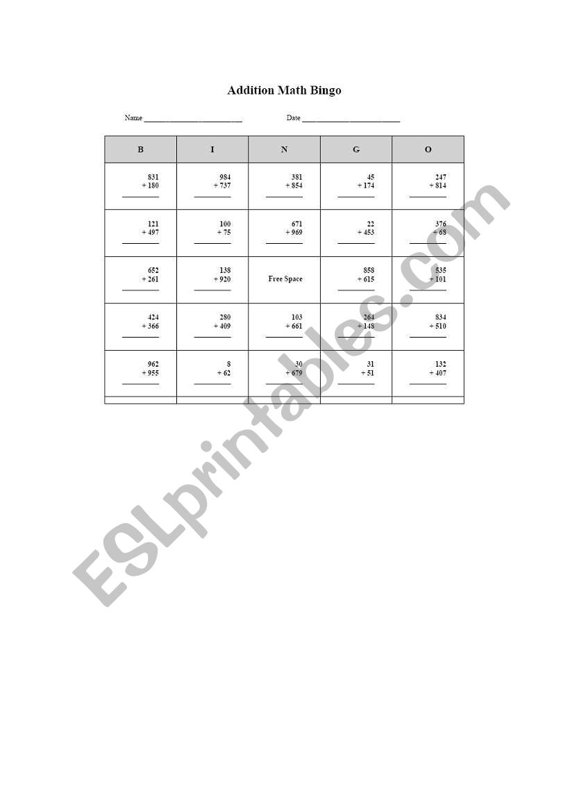 Math bingo worksheet
