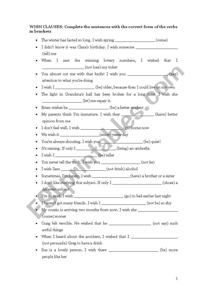 wish clauses worksheet