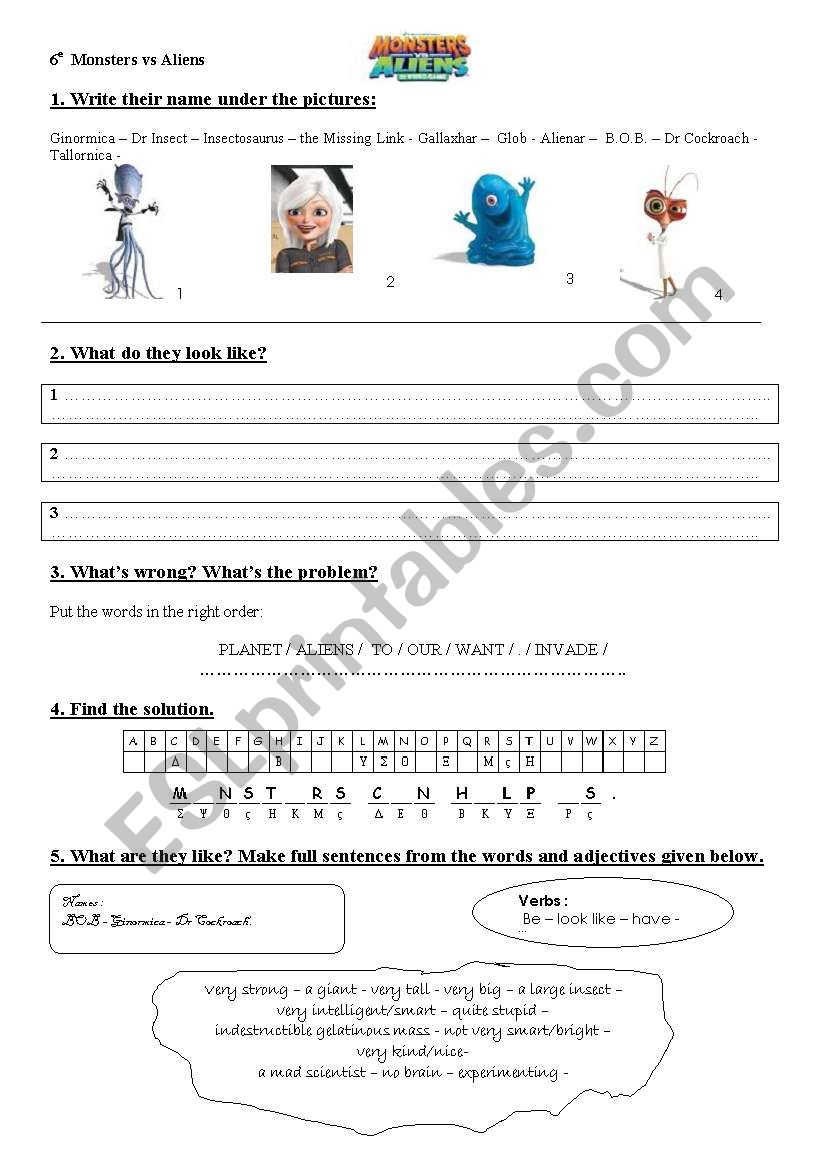 monsters vs aliens  worksheet