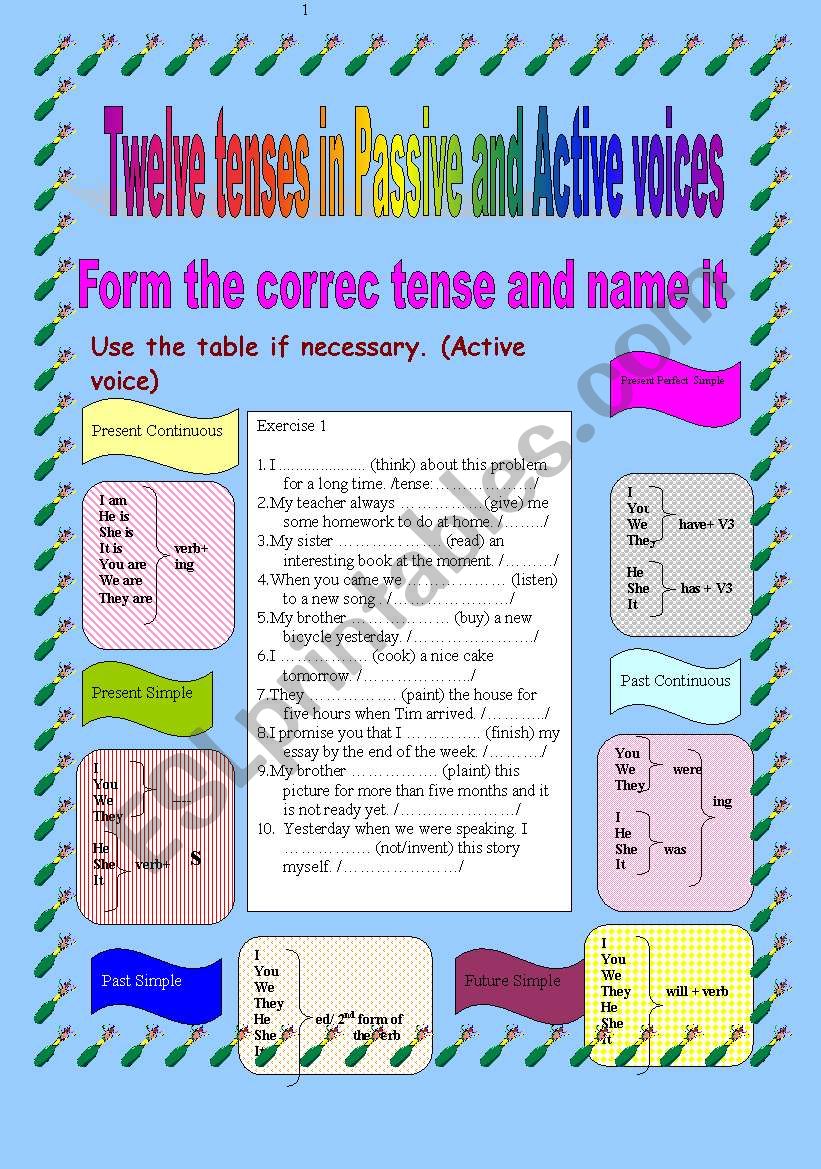 6 original exercises The formation of all tenses both Active and Passive voice 