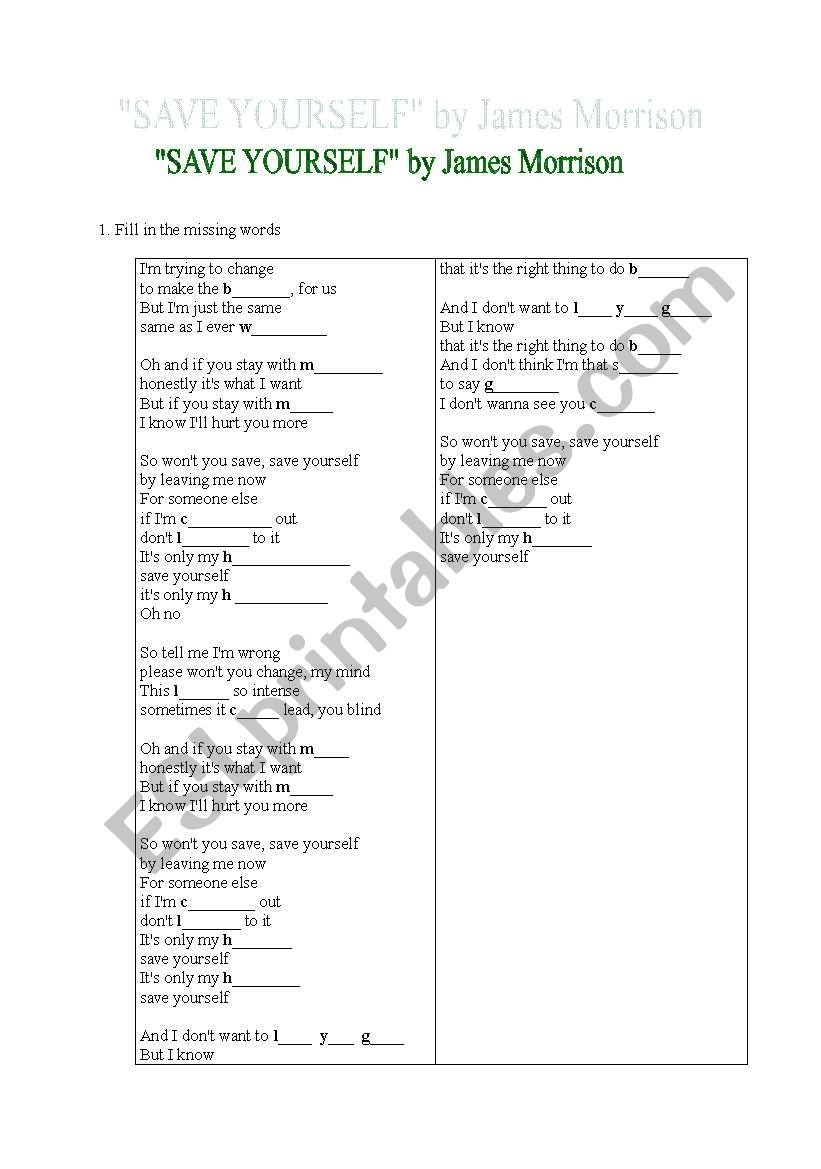 James Morrison Save yourself worksheet