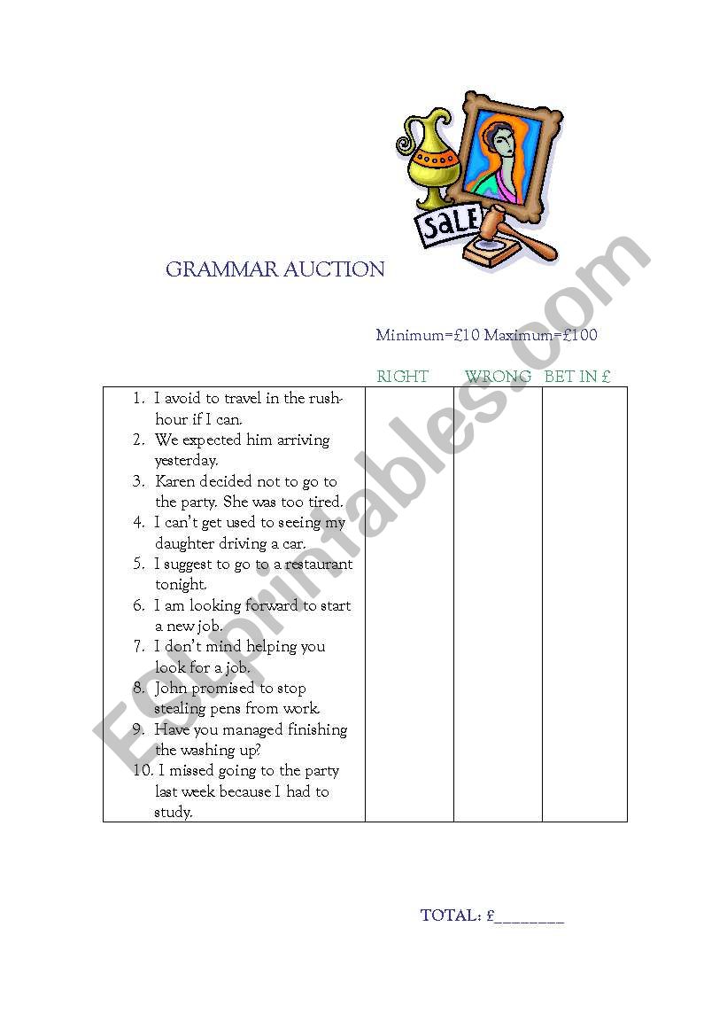 Grammar auction worksheet