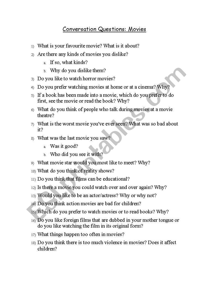 conversation questions movies worksheet