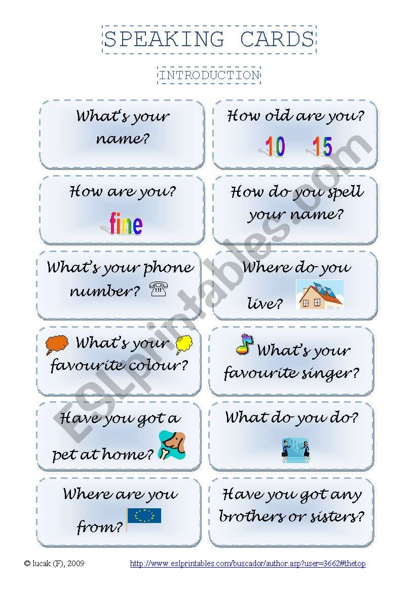 SPEAKING CARDS - introduction worksheet