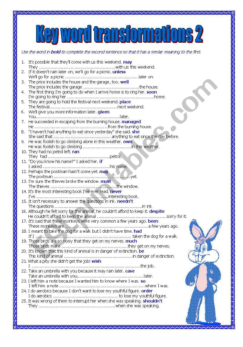 KEY WORD TRANSFORMATIONS 2 worksheet