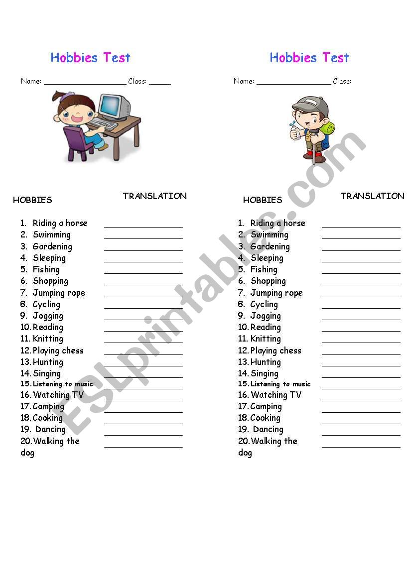 Hobbies Test worksheet