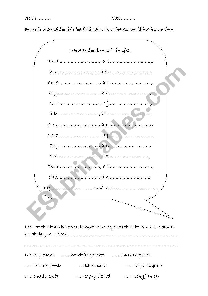 A/ AN worksheet