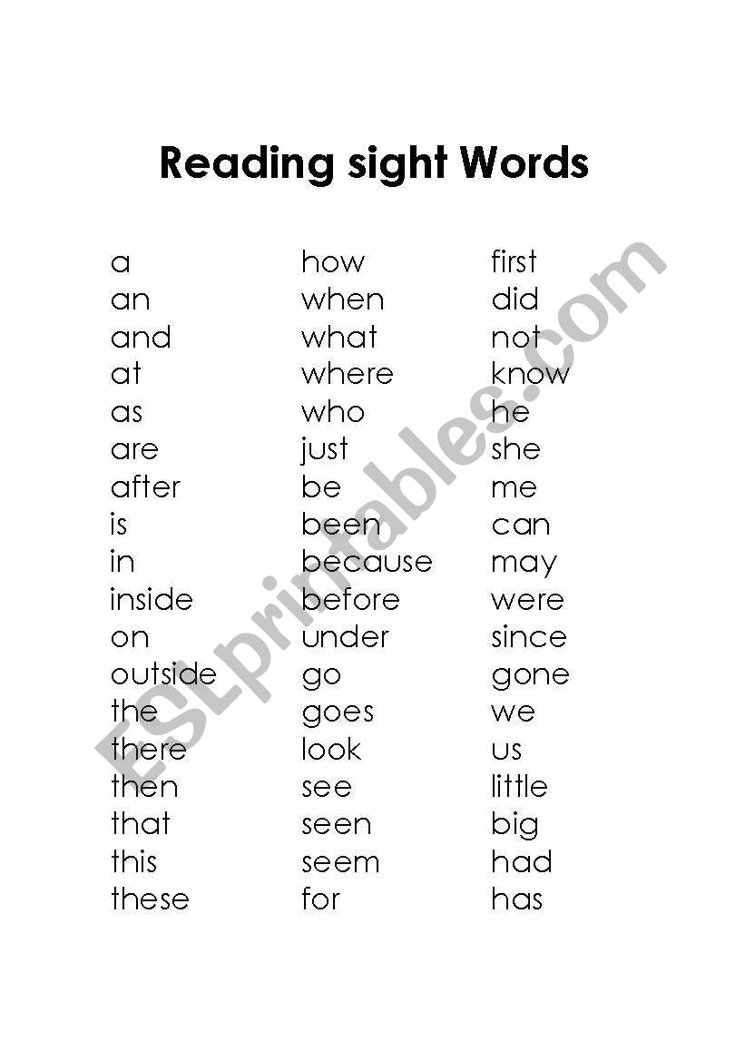 Reading sight words worksheet