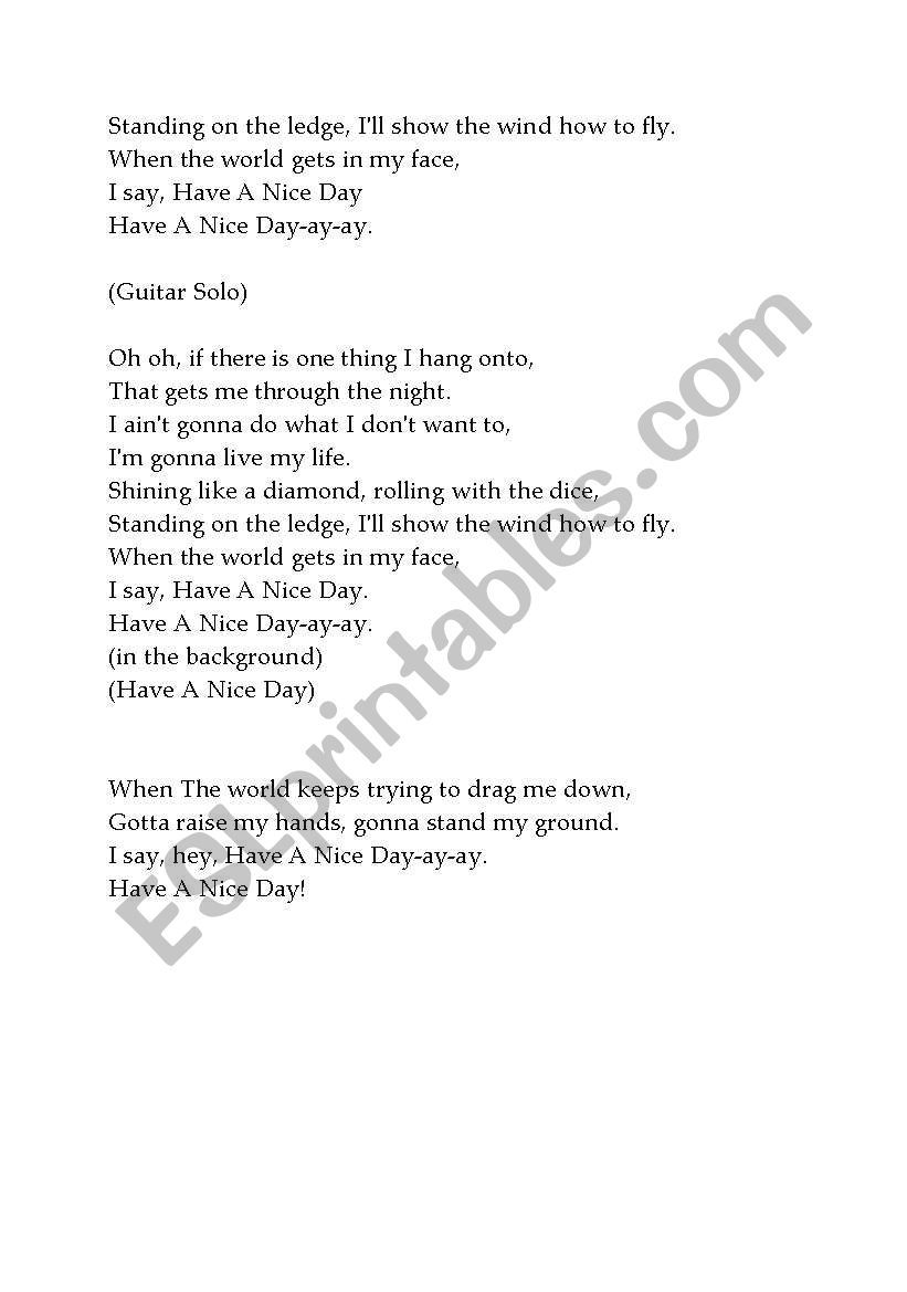 English Worksheets Bon Jovi Have A Nice Day Lyrics