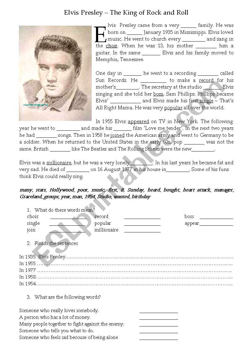 Elvis Presley worksheet