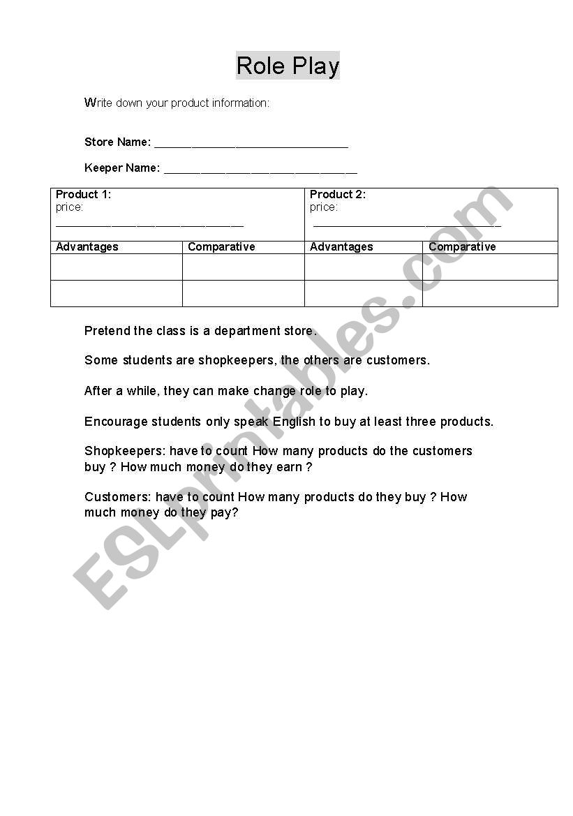 shoping game worksheet