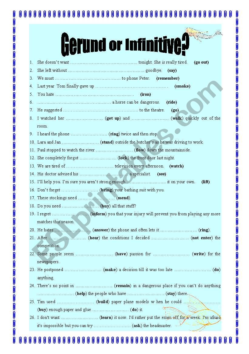 Gerund or infinitive worksheet