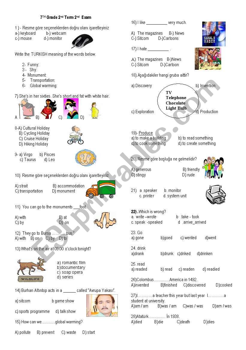 7th grade exam paper worksheet