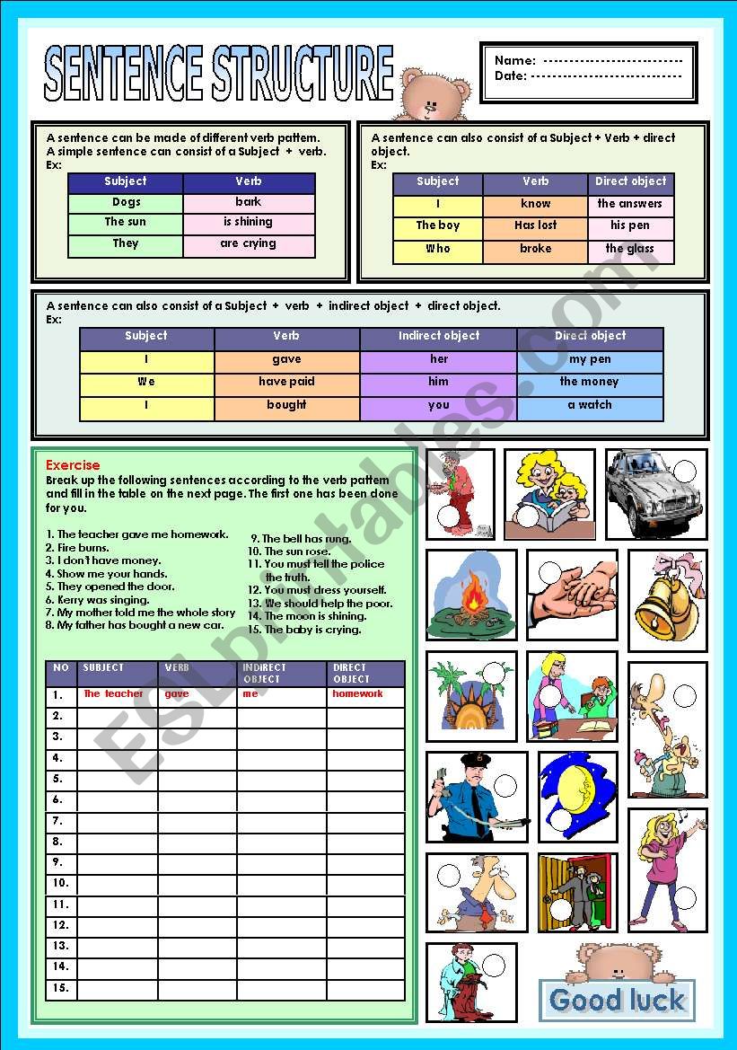 Sentence of structure worksheet