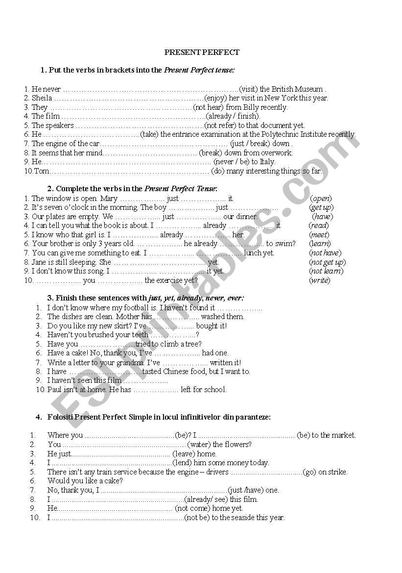 present perfect worksheet