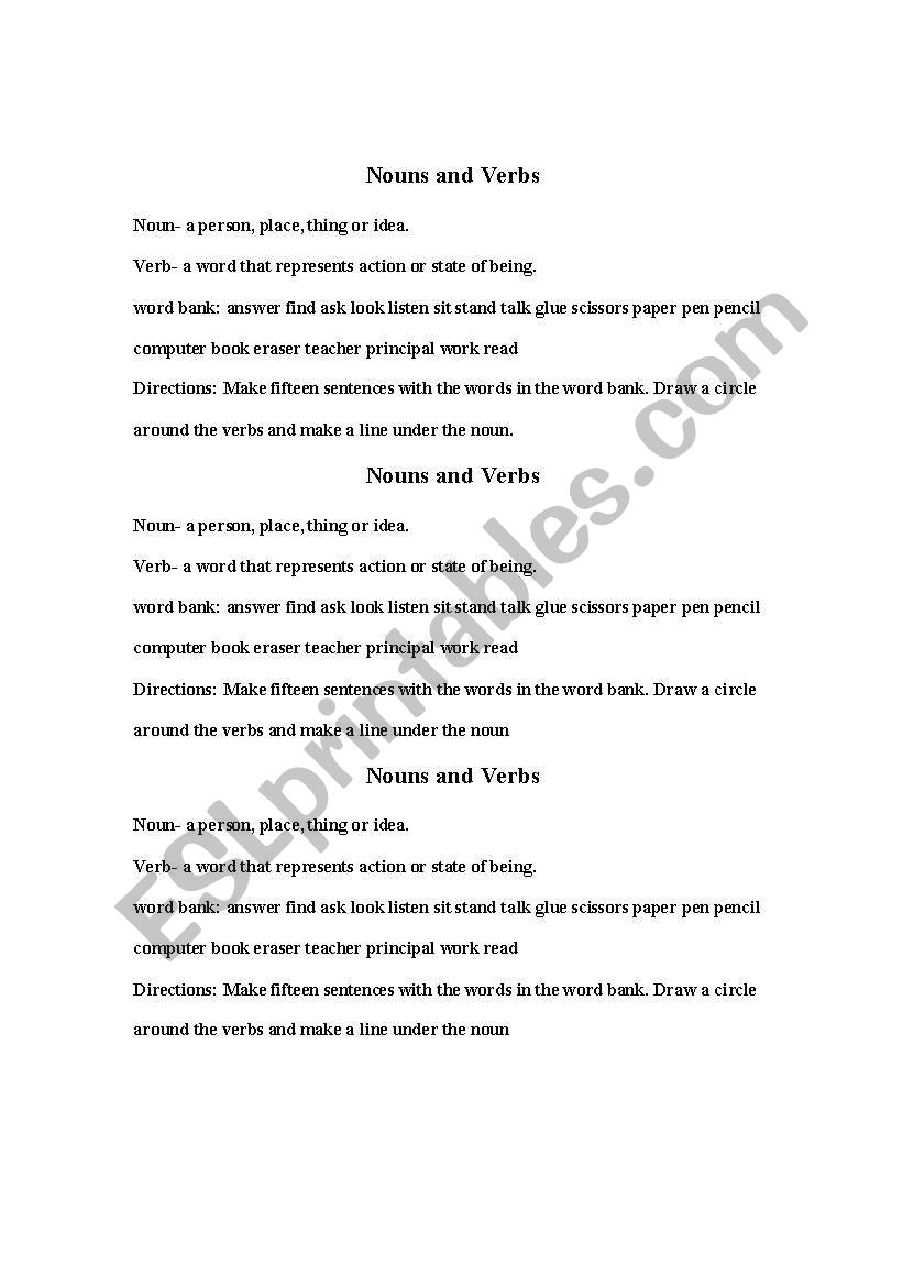 Nouns and Verbs worksheet worksheet