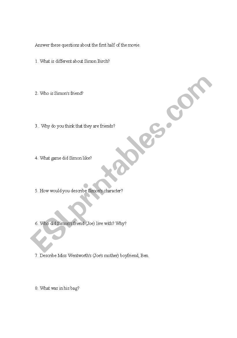 Simon Birch questions worksheet