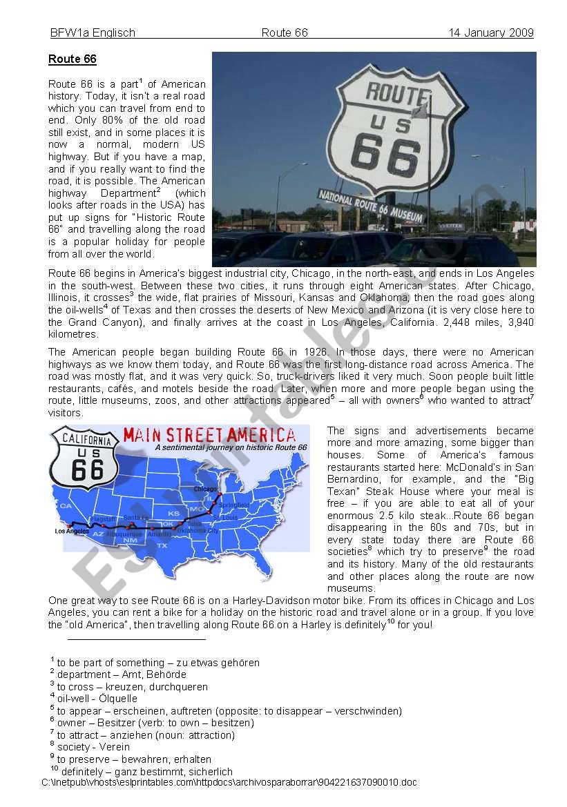 Route 66 worksheet