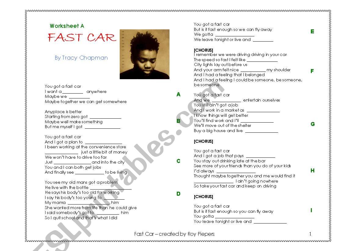 Fast Car By Tracy Chapman Esl Worksheet By Roy Piepers