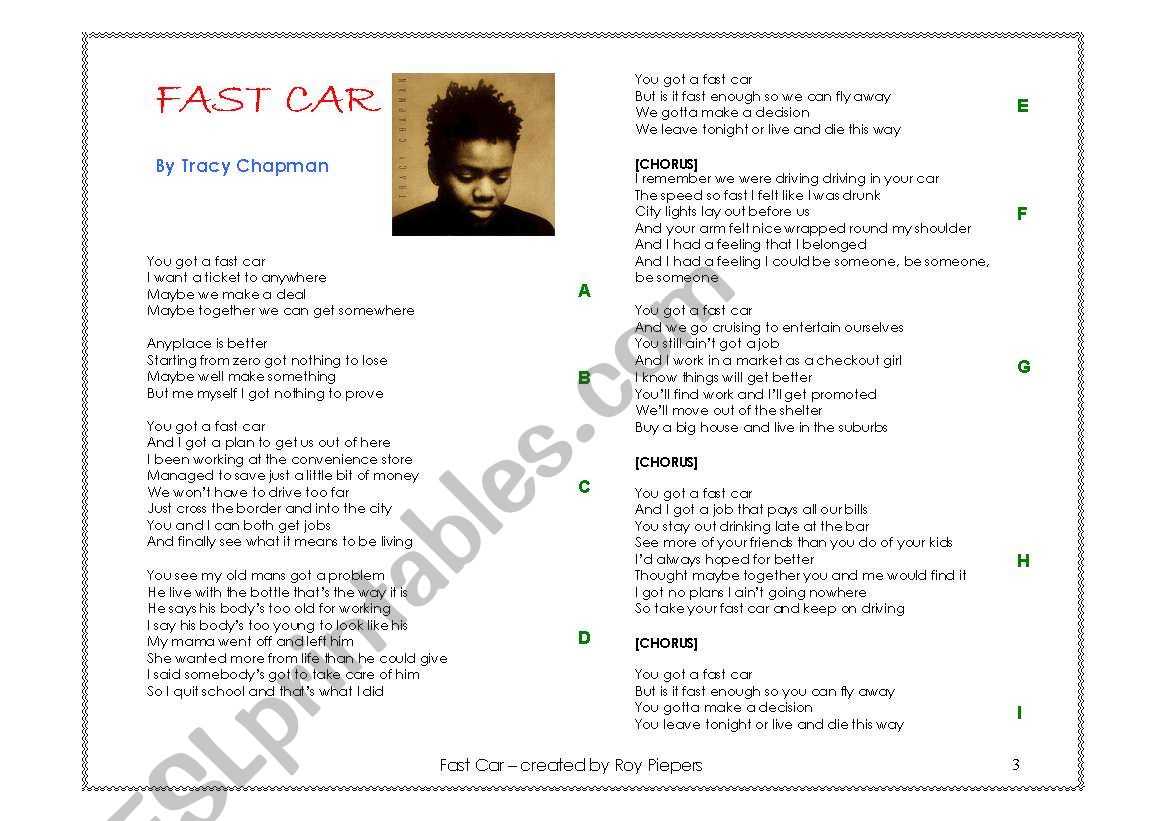 Fast Car By Tracy Chapman ESL Worksheet By Roy Piepers, 43 OFF