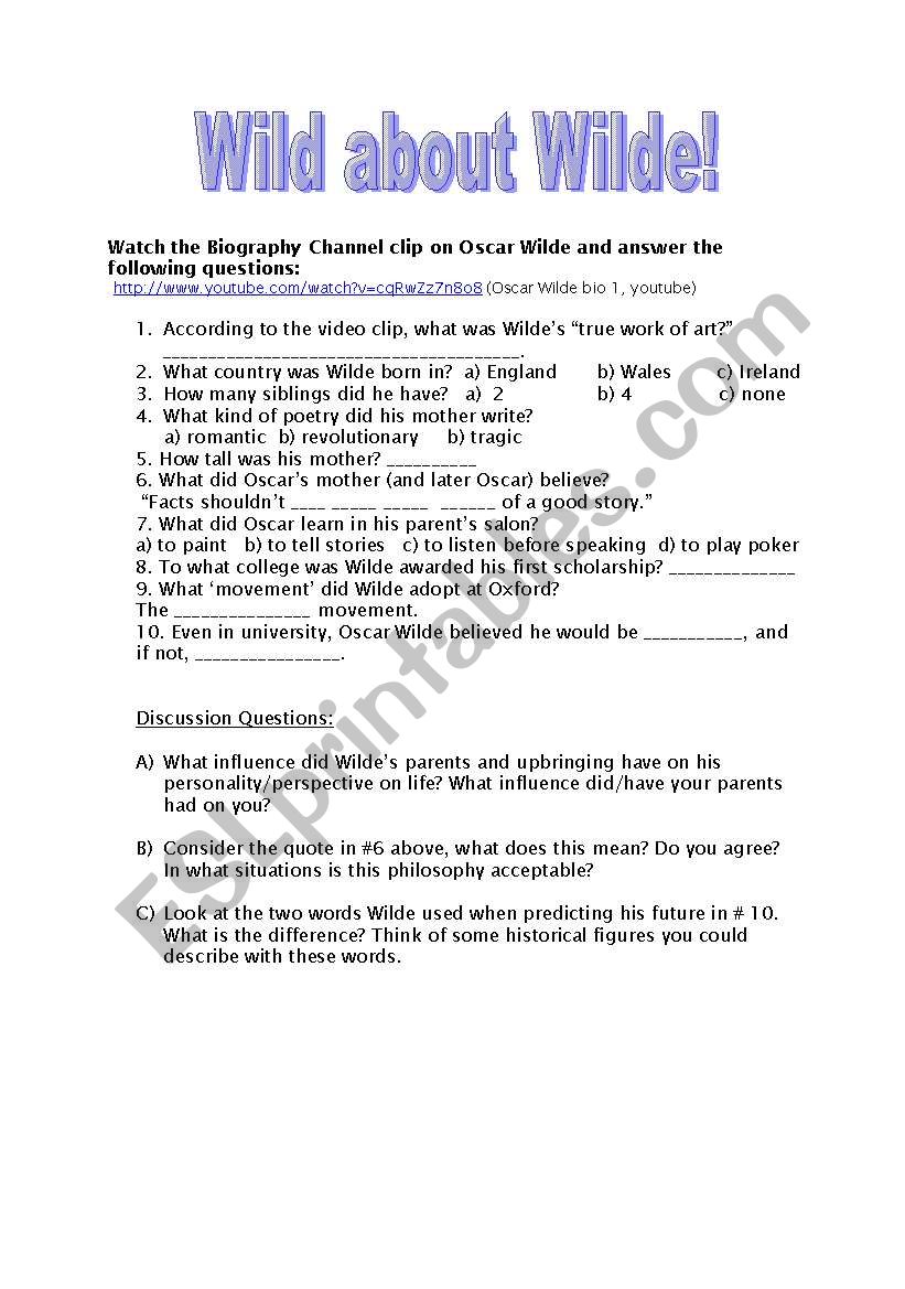 Wild about Wilde! worksheet