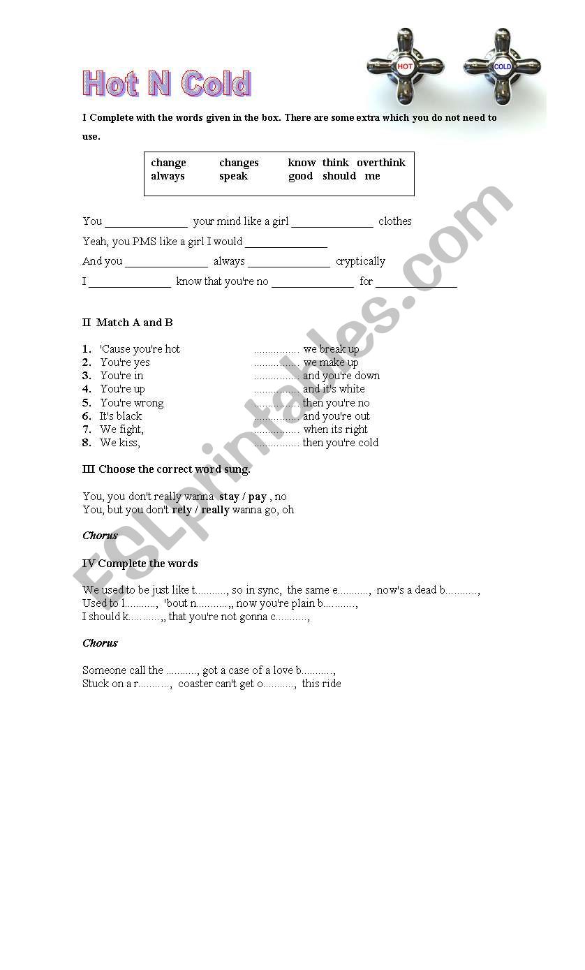 Hot N Cold worksheet