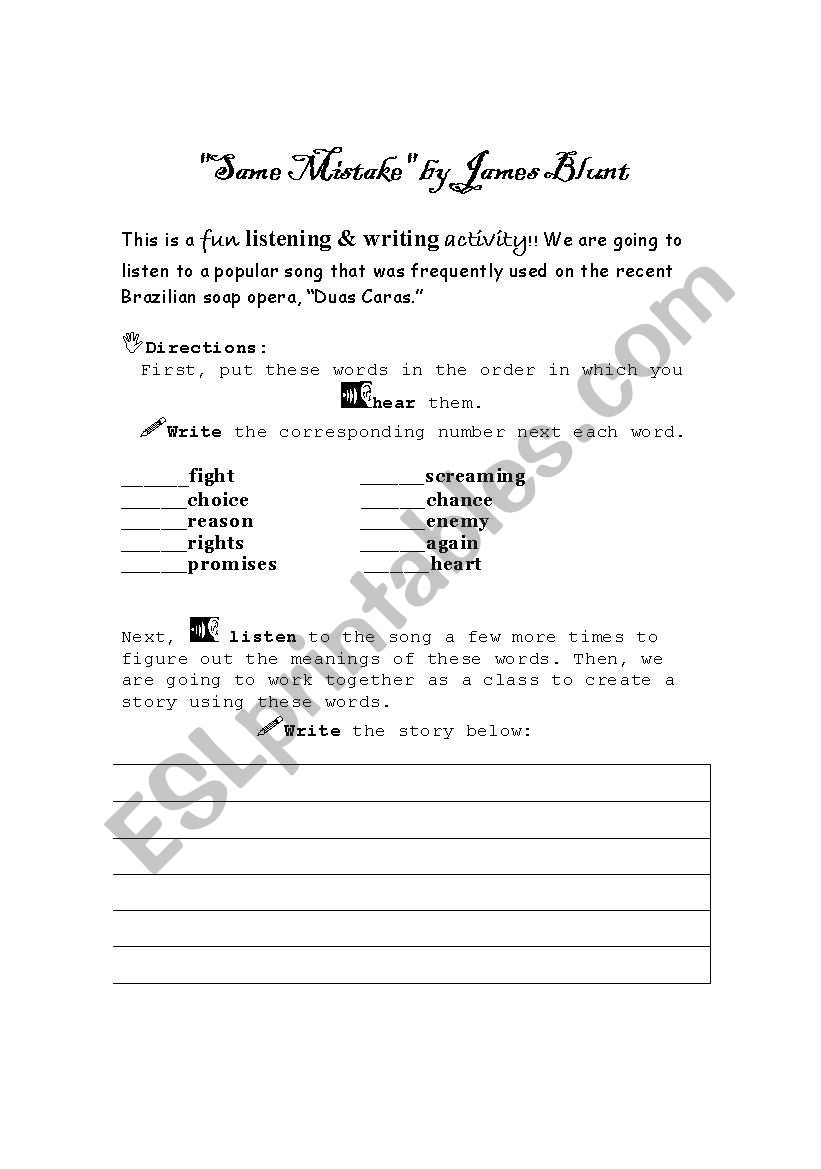 Same Mistake by James Blunt worksheet