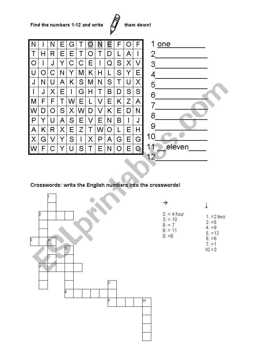 Crosswords Numbers 1-12 worksheet