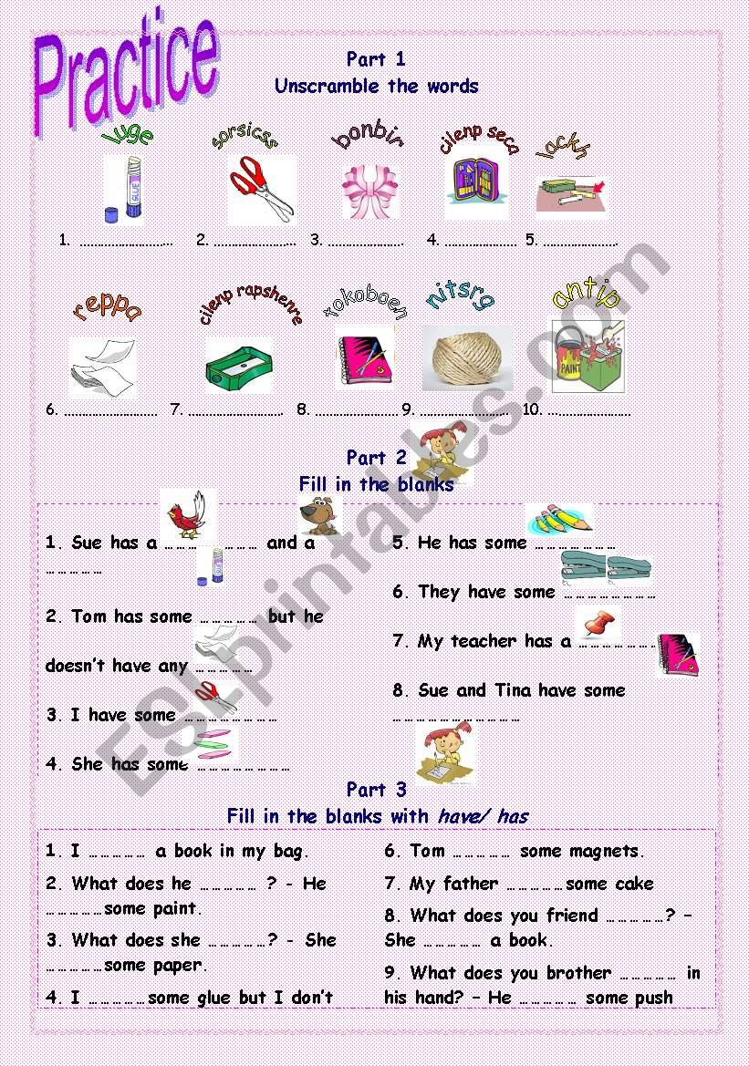 School supplies, have/has, do/does, some/any