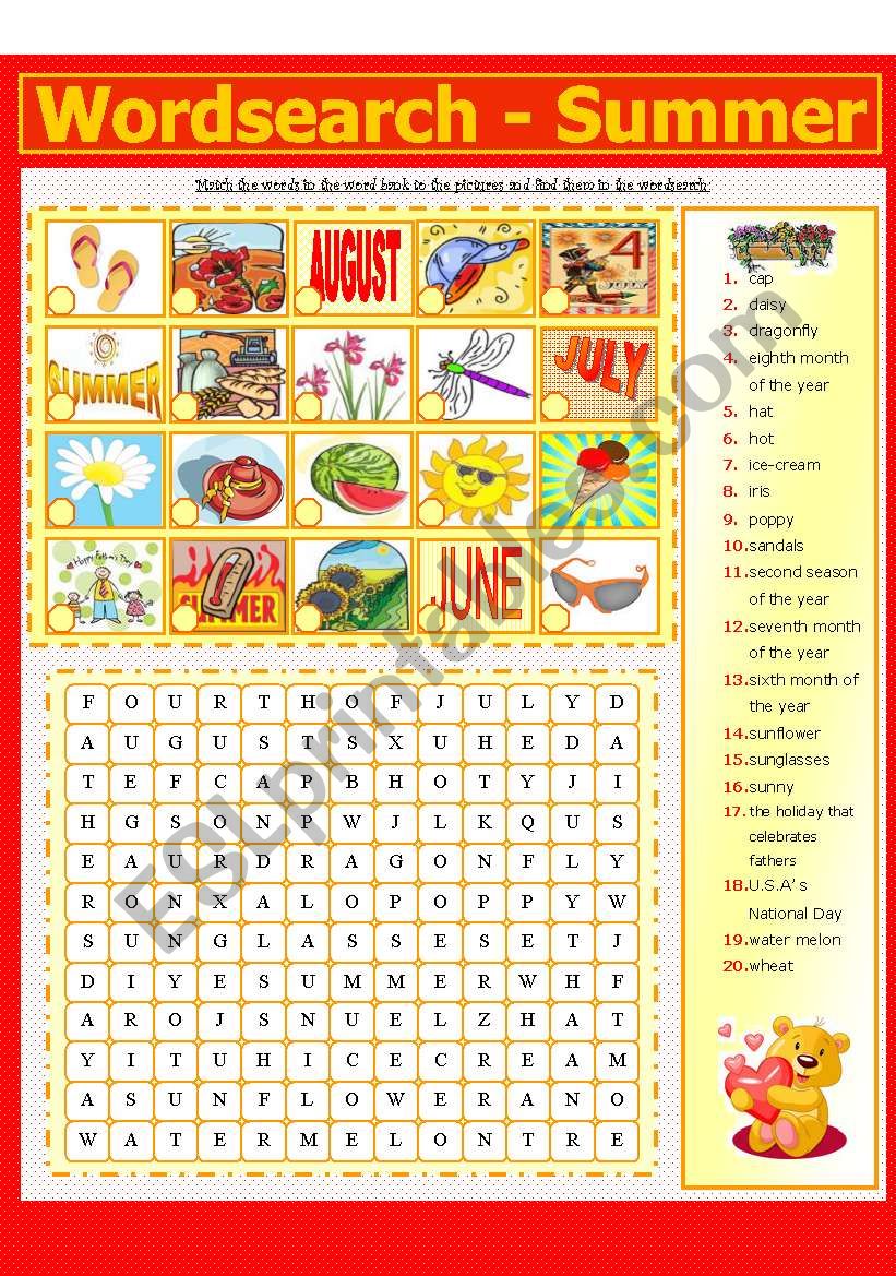 WORDSEARCH - SUMMER (4 - 8) worksheet