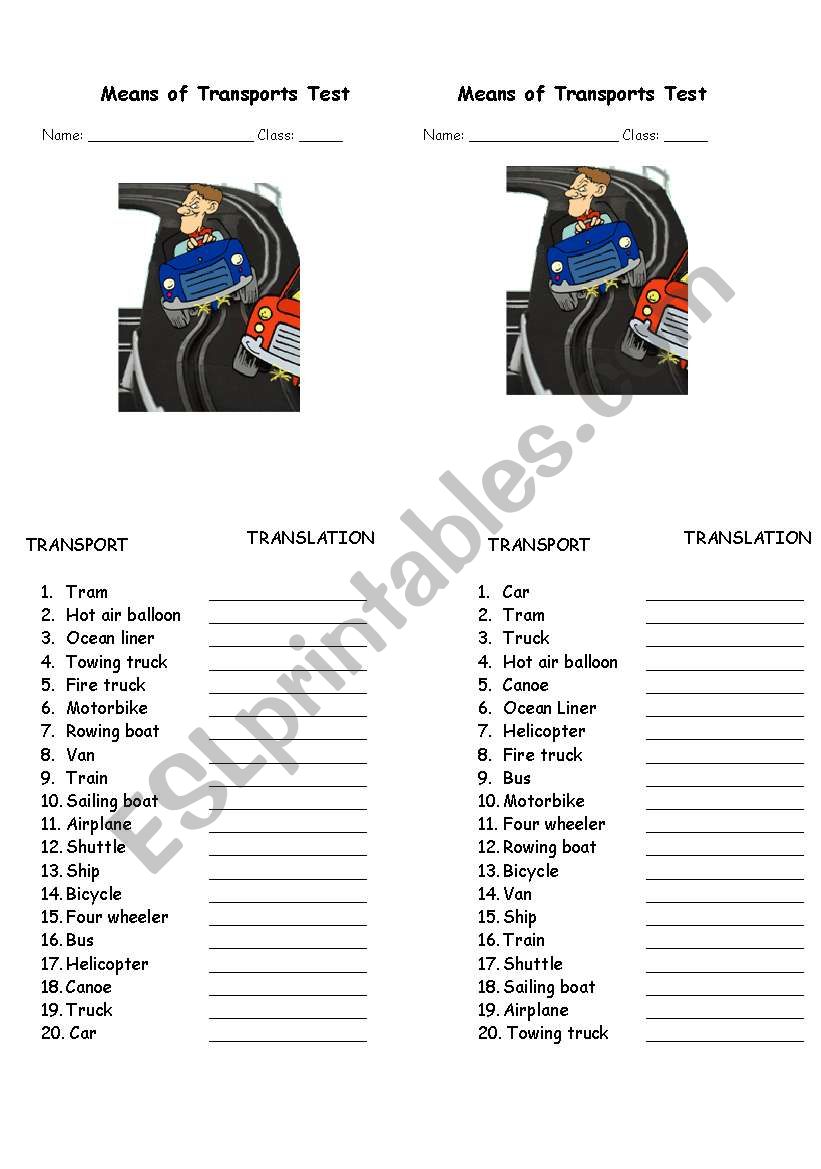 Means of transport test worksheet