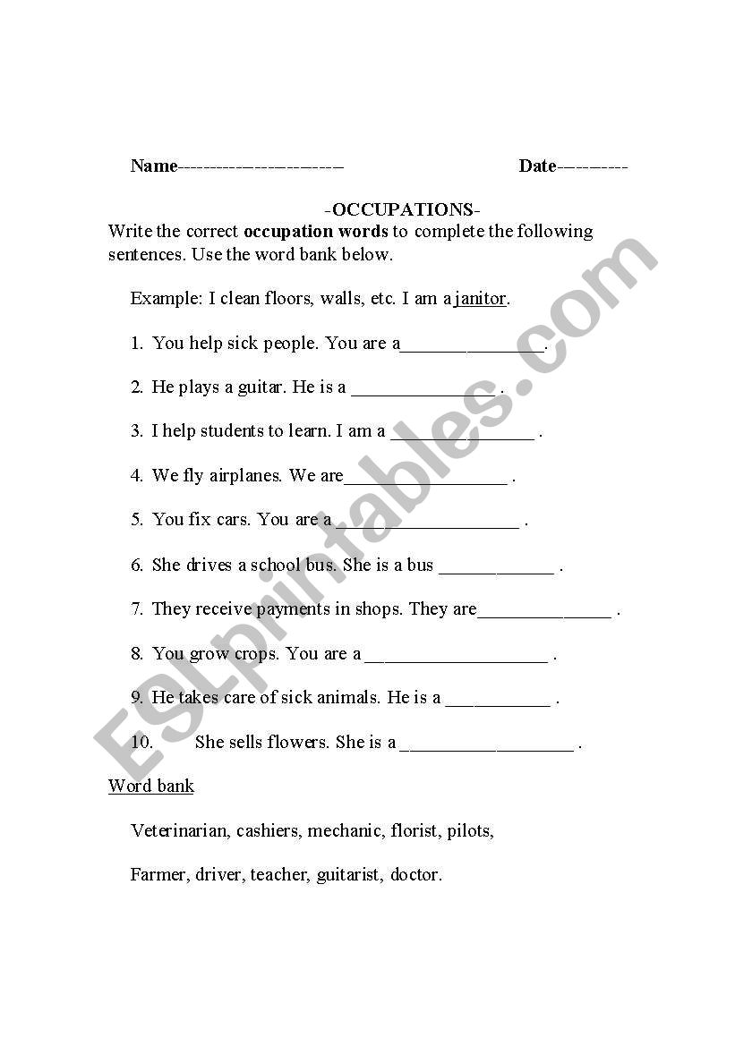 occupations worksheet