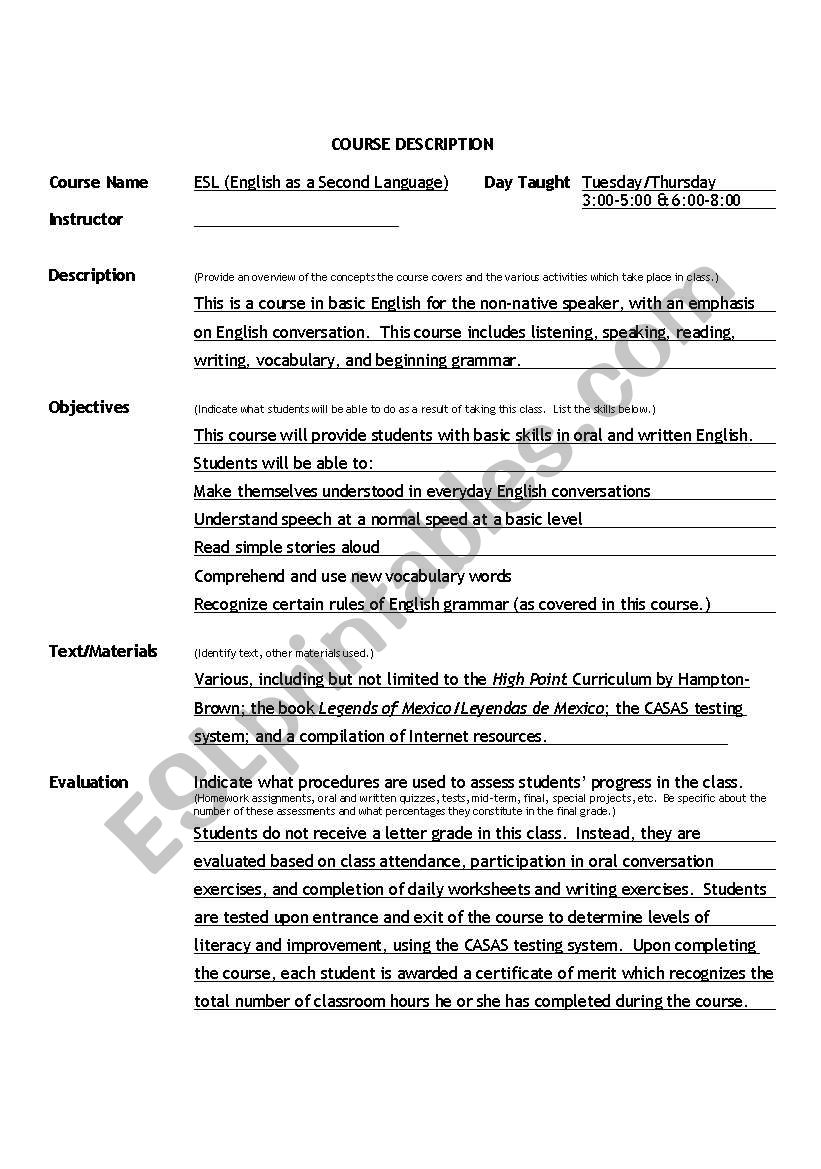 ESL Course Description worksheet