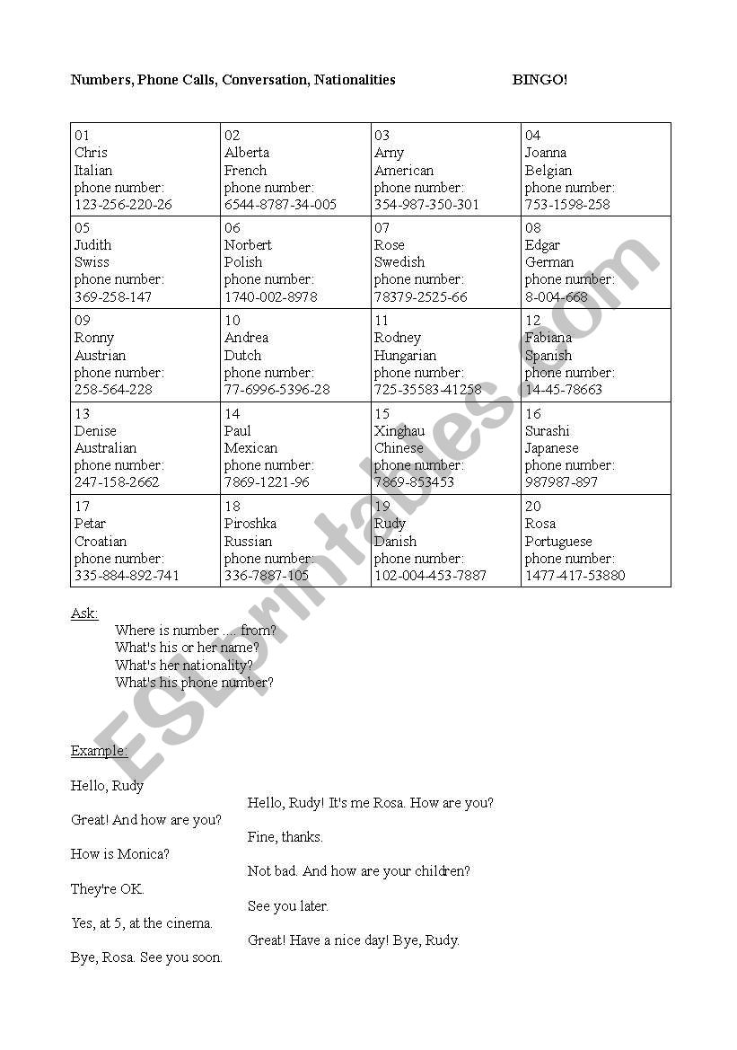 Numbers, Phone Calls, Conversation, Nationalities			BINGO!