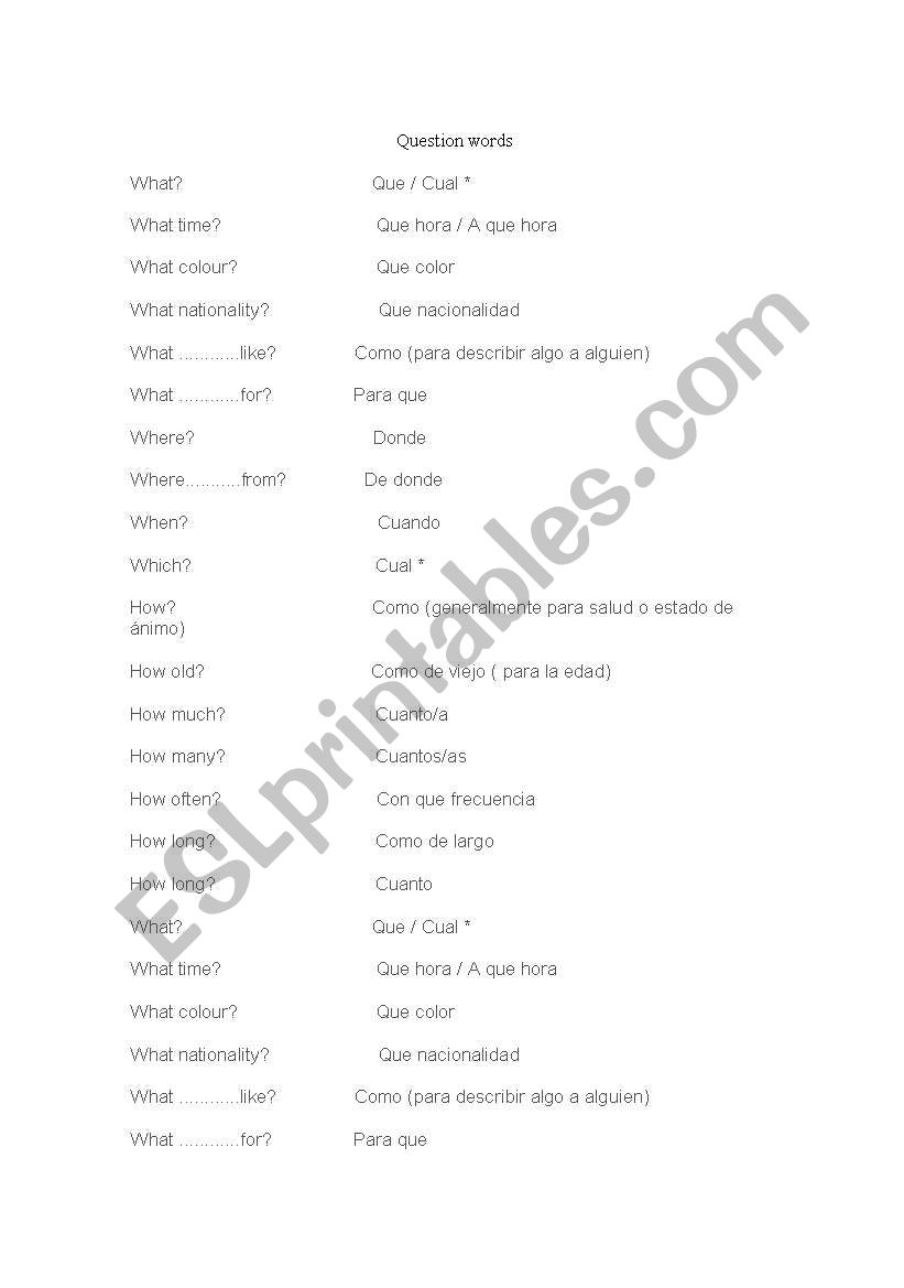 questions words worksheet