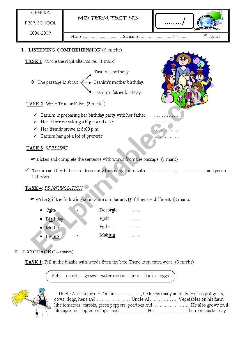 listening comprehension test for 7th form