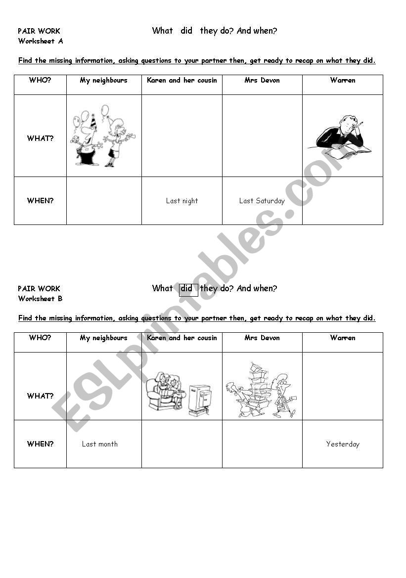 Pair Work preterit worksheet