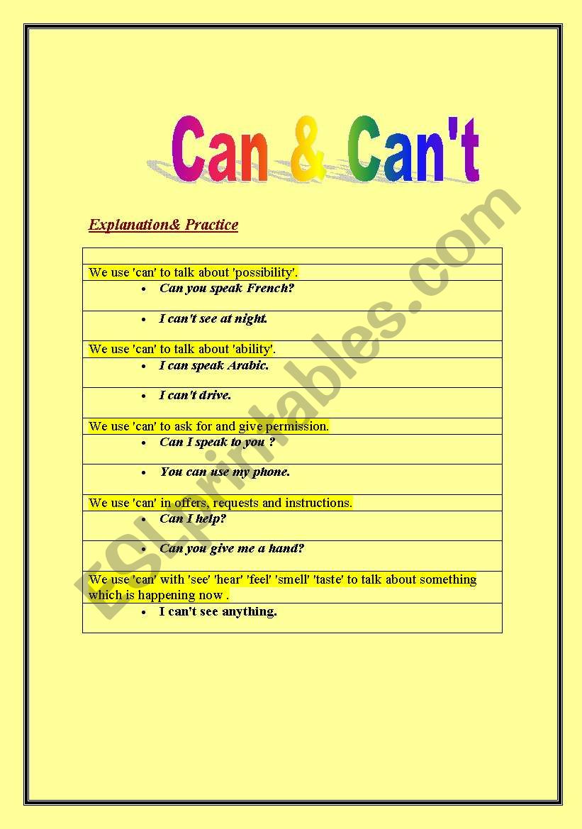 English worksheets: Can &amp; can´t