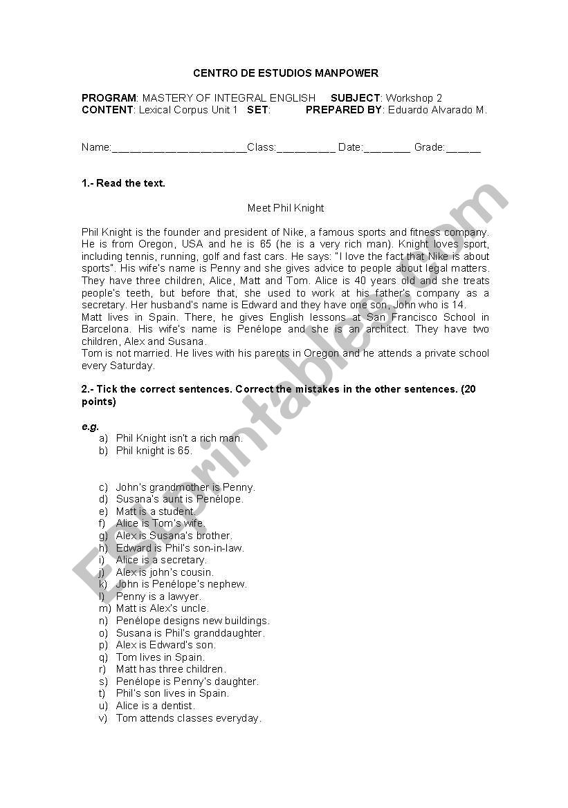 quiz on possessives and jobs worksheet