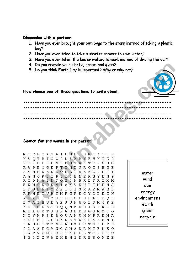 Being Green, Helping the Earth - Discussion and Wordsearch