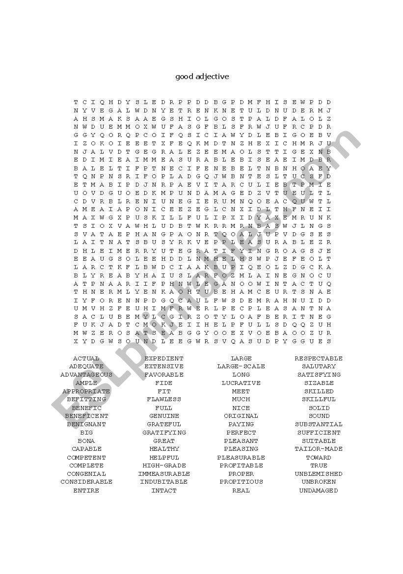 good word search adjective worksheet