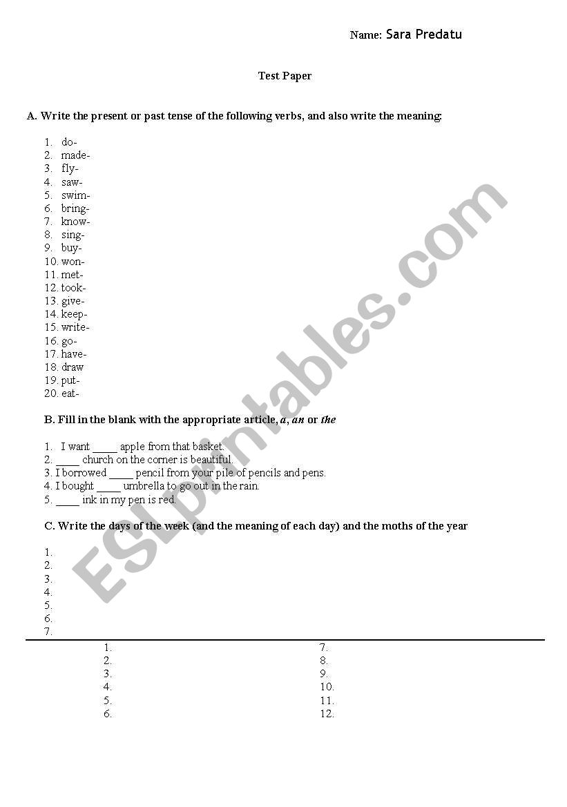 revision test worksheet